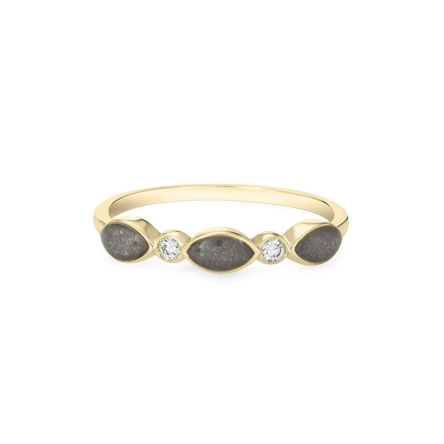 Front of Three Marquise Cremation Setting Ring in 14K Yellow Gold with Two Diamonds against a white background.