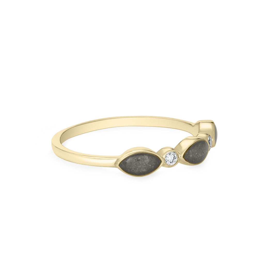 Side of Three Marquise Cremation Setting Ring in 14K Yellow Gold with Two Diamonds against a white background.