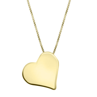 The 14K Yellow Gold Heart Shaped Ashes Pendant, designed by close by me with a hidden bail to make the piece tilt, from the back