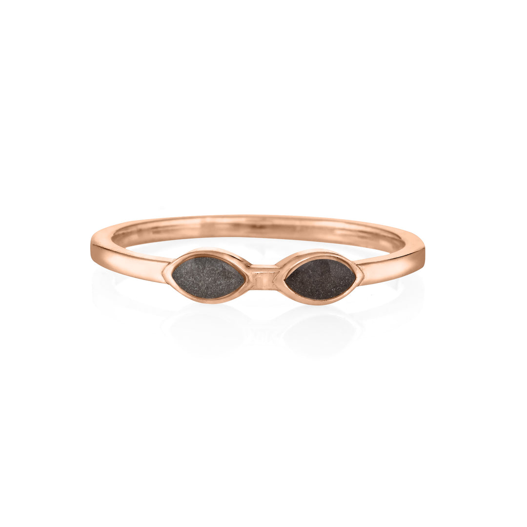 close by me's 14k rose gold cremation ring with two marquise-shaped ash settings