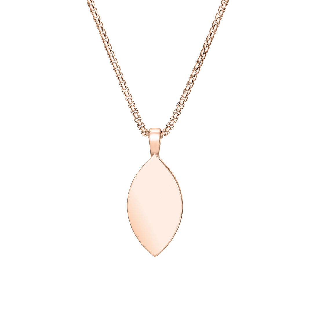 Back of Vintage Marquise Cremation Pendant in 14K Rose Gold on a chain against a white background.