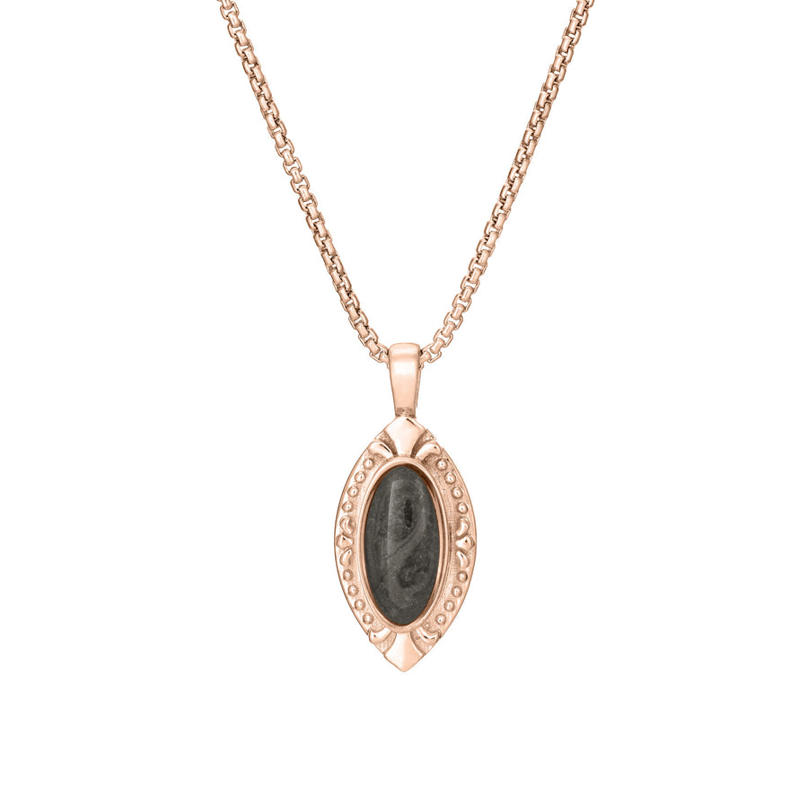 Front of Vintage Marquise Cremation Pendant in 14K Rose Gold on a chain against a white background.