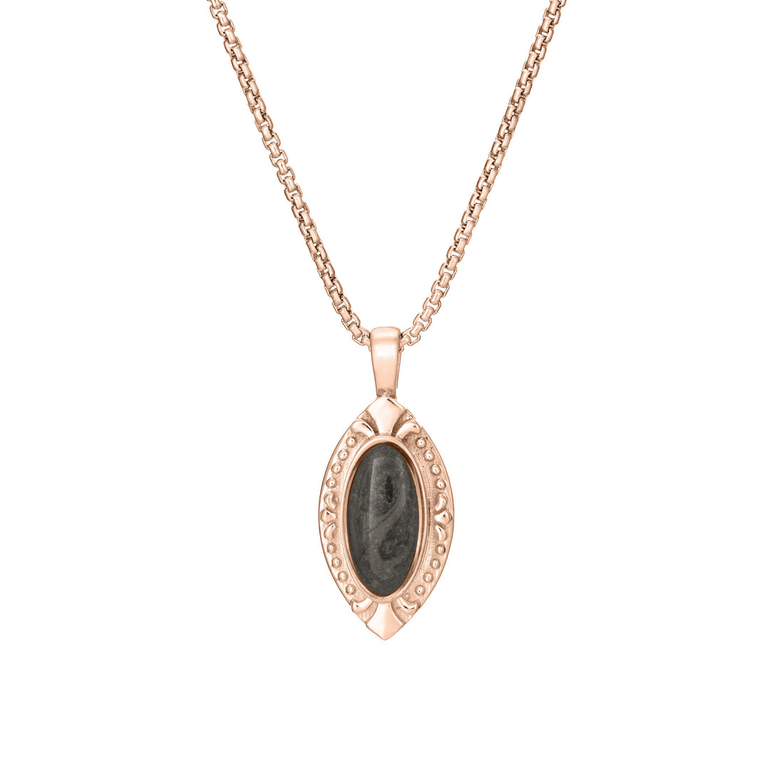 Front of Vintage Marquise Cremation Pendant in 14K Rose Gold on a chain against a white background.