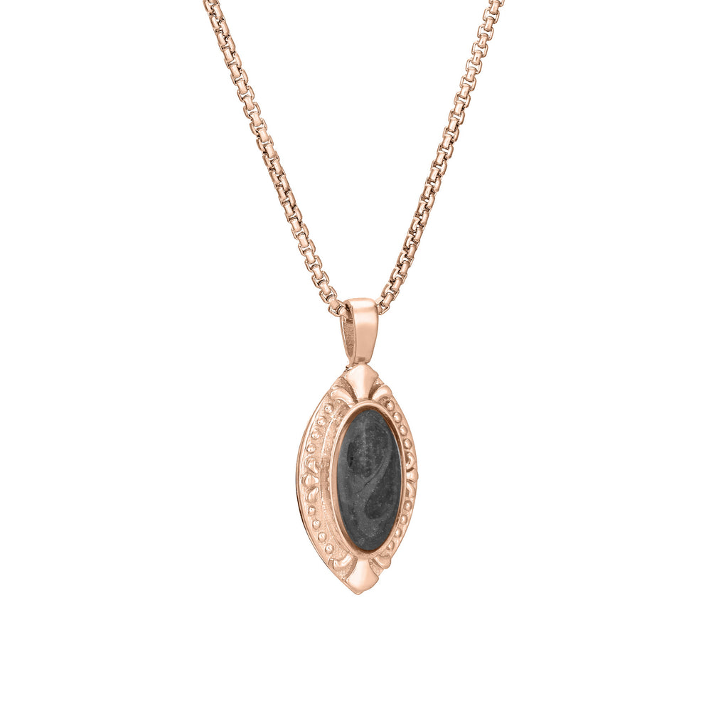 Side of Vintage Marquise Cremation Pendant in 14K Rose Gold on a chain against a white background.