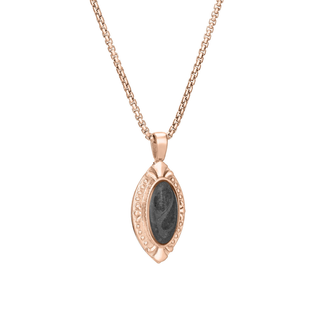 Side of Vintage Marquise Cremation Pendant in 14K Rose Gold on a chain against a white background.