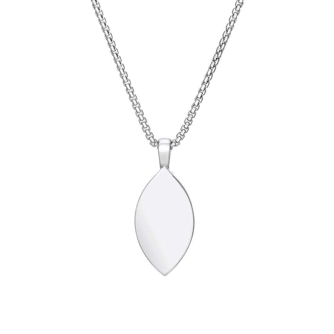 Back of Vintage Marquise Cremation Pendant in Sterling Silver on a chain against a white background.