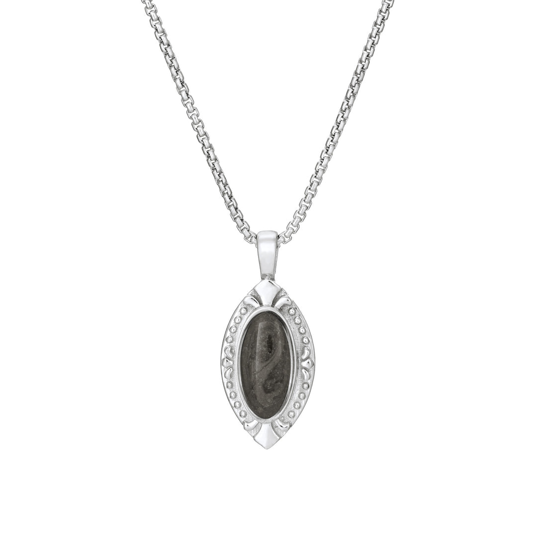 Front of Vintage Marquise Cremation Pendant in Sterling Silver on a chain against a white background.