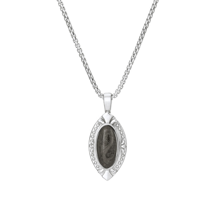 Front of Vintage Marquise Cremation Pendant in Sterling Silver on a chain against a white background.
