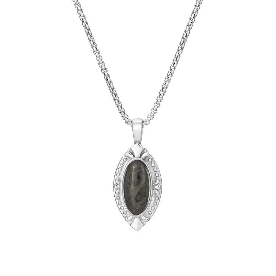 Front of Vintage Marquise Cremation Pendant in Sterling Silver on a chain against a white background.