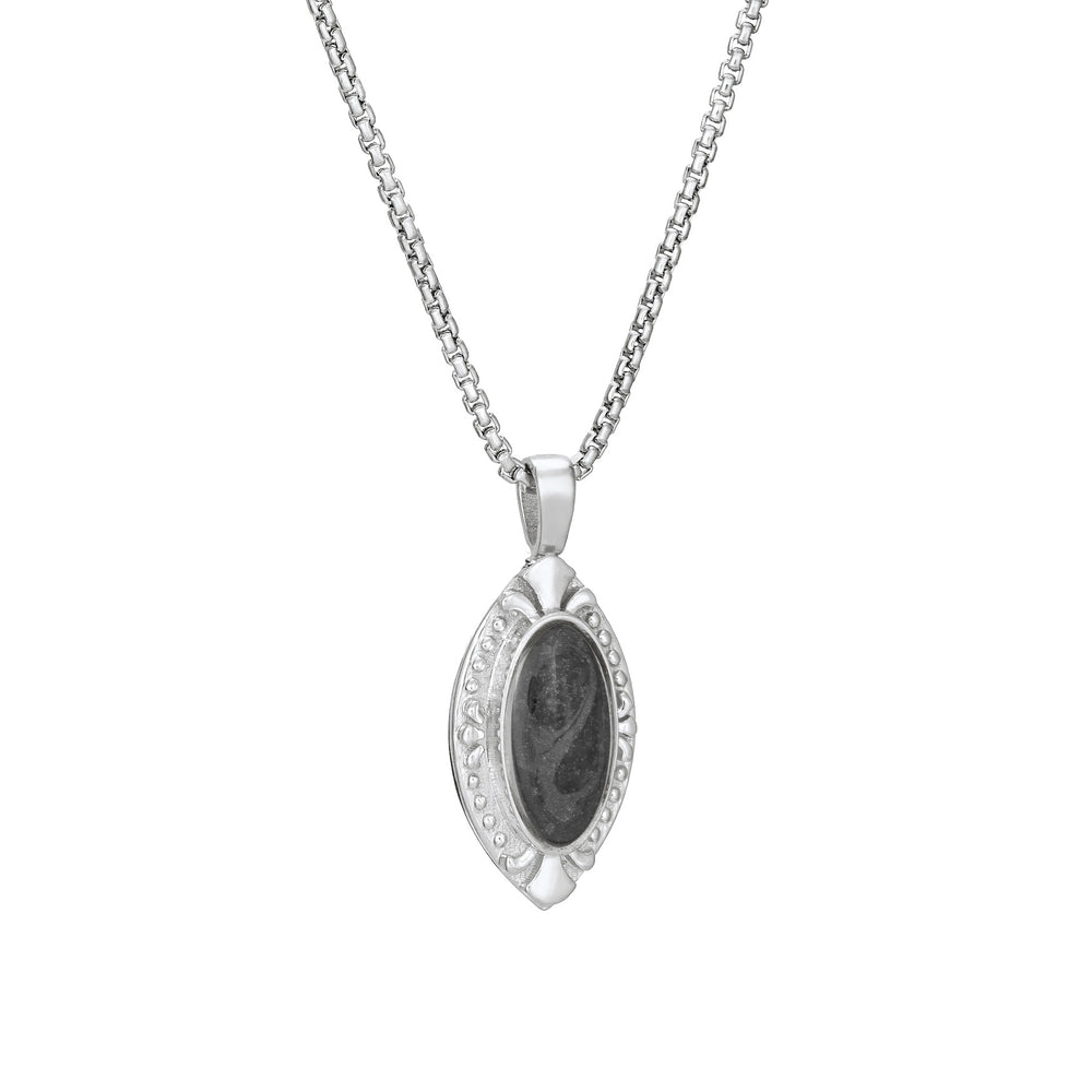 Side of Vintage Marquise Cremation Pendant in Sterling Silver on a chain against a white background.
