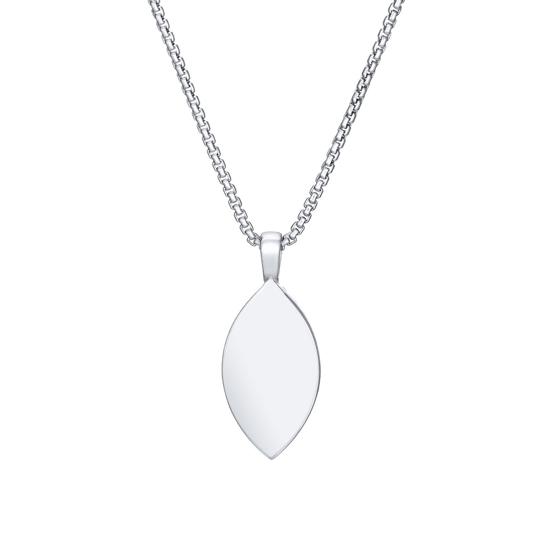 Back of Vintage Marquise Cremation Pendant in 14K White Gold on a chain against a white background.
