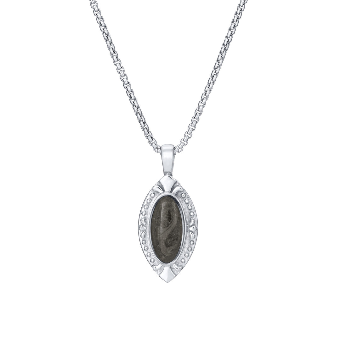Front of Vintage Marquise Cremation Pendant in 14K White Gold on a chain against a white background.