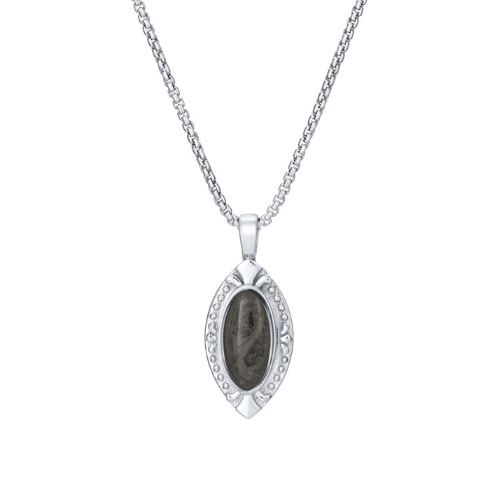 Front of Vintage Marquise Cremation Pendant in 14K White Gold on a chain against a white background.