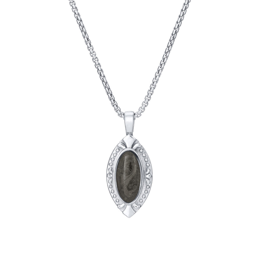 Front of Vintage Marquise Cremation Pendant in 14K White Gold on a chain against a white background.