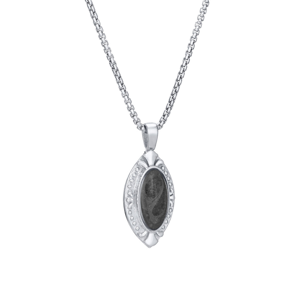Side of Vintage Marquise Cremation Pendant in 14K White Gold on a chain against a white background.