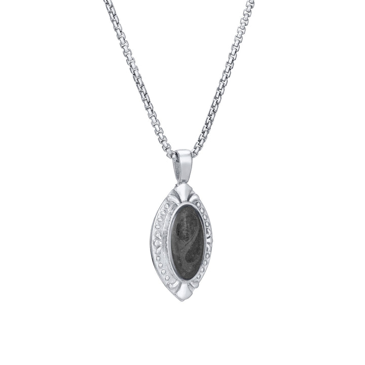 Side of Vintage Marquise Cremation Pendant in 14K White Gold on a chain against a white background.