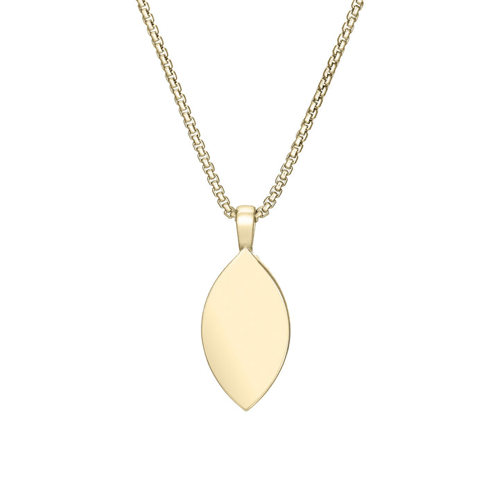 Back of Vintage Marquise Cremation Pendant in 14K Yellow Gold on a chain against a white background.