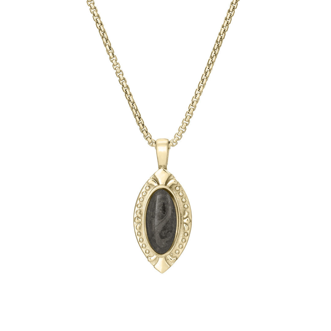Front of Vintage Marquise Cremation Pendant in 14K Yellow Gold on a chain against a white background.