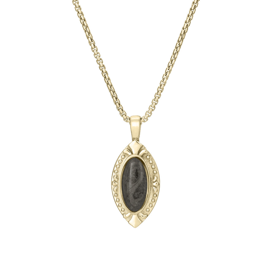 Front of Vintage Marquise Cremation Pendant in 14K Yellow Gold on a chain against a white background.