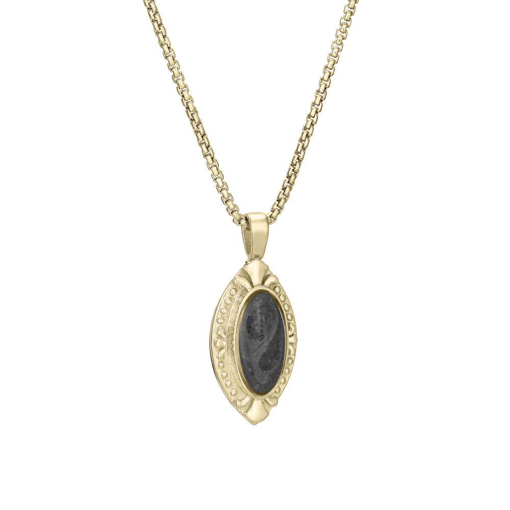 Side of Vintage Marquise Cremation Pendant in 14K Yellow Gold on a chain against a white background.
