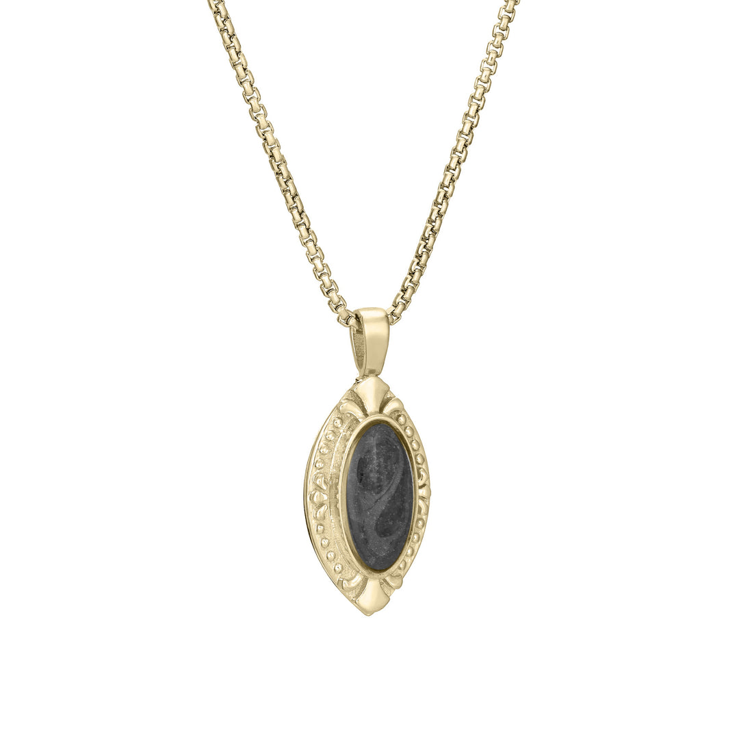 Side of Vintage Marquise Cremation Pendant in 14K Yellow Gold on a chain against a white background.