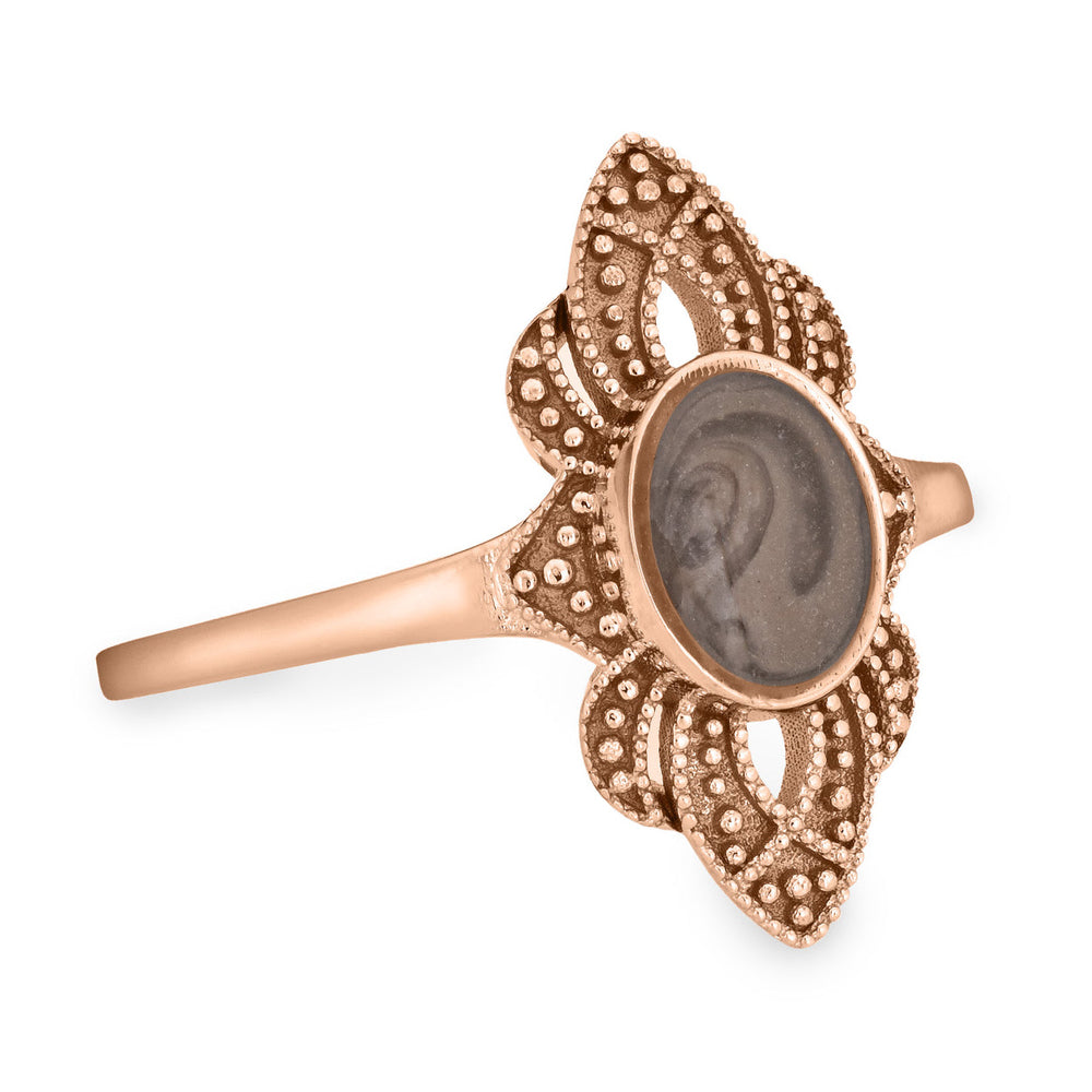 Side of Close By Me's WWII Large Setting Cremation Ring in 14K Rose Gold on a solid white background.