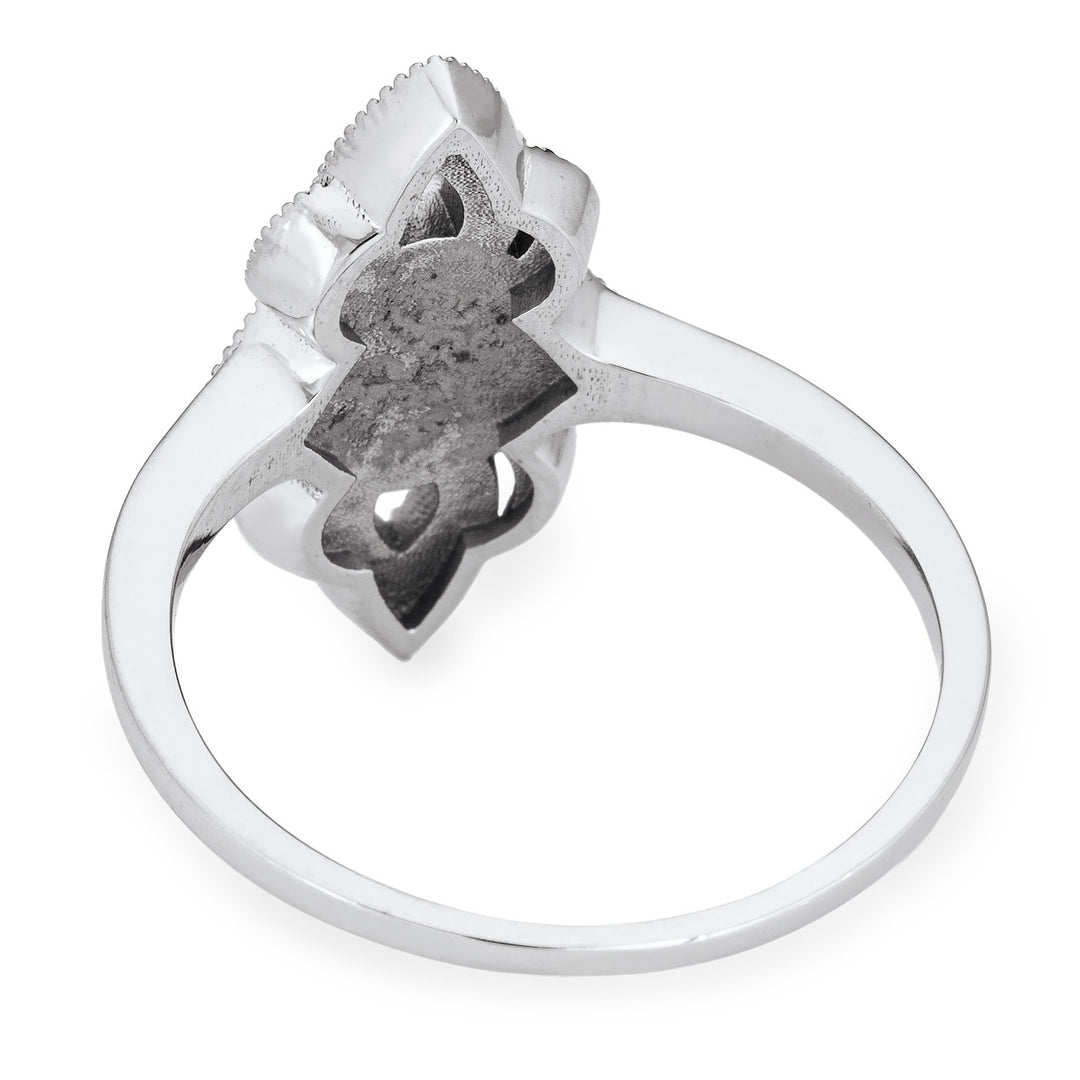 Back of Close By Me's WWII Large Setting Cremation Ring in 14K White Gold on a solid white background.