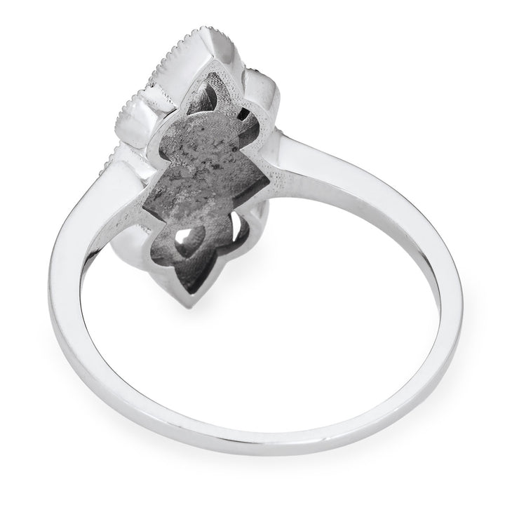 Back of Close By Me's WWII Large Setting Cremation Ring in 14K White Gold on a solid white background.