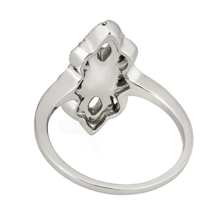 Back of Close By Me's WWII Small Setting Cremation Ring in Sterling Silver on a solid white background.