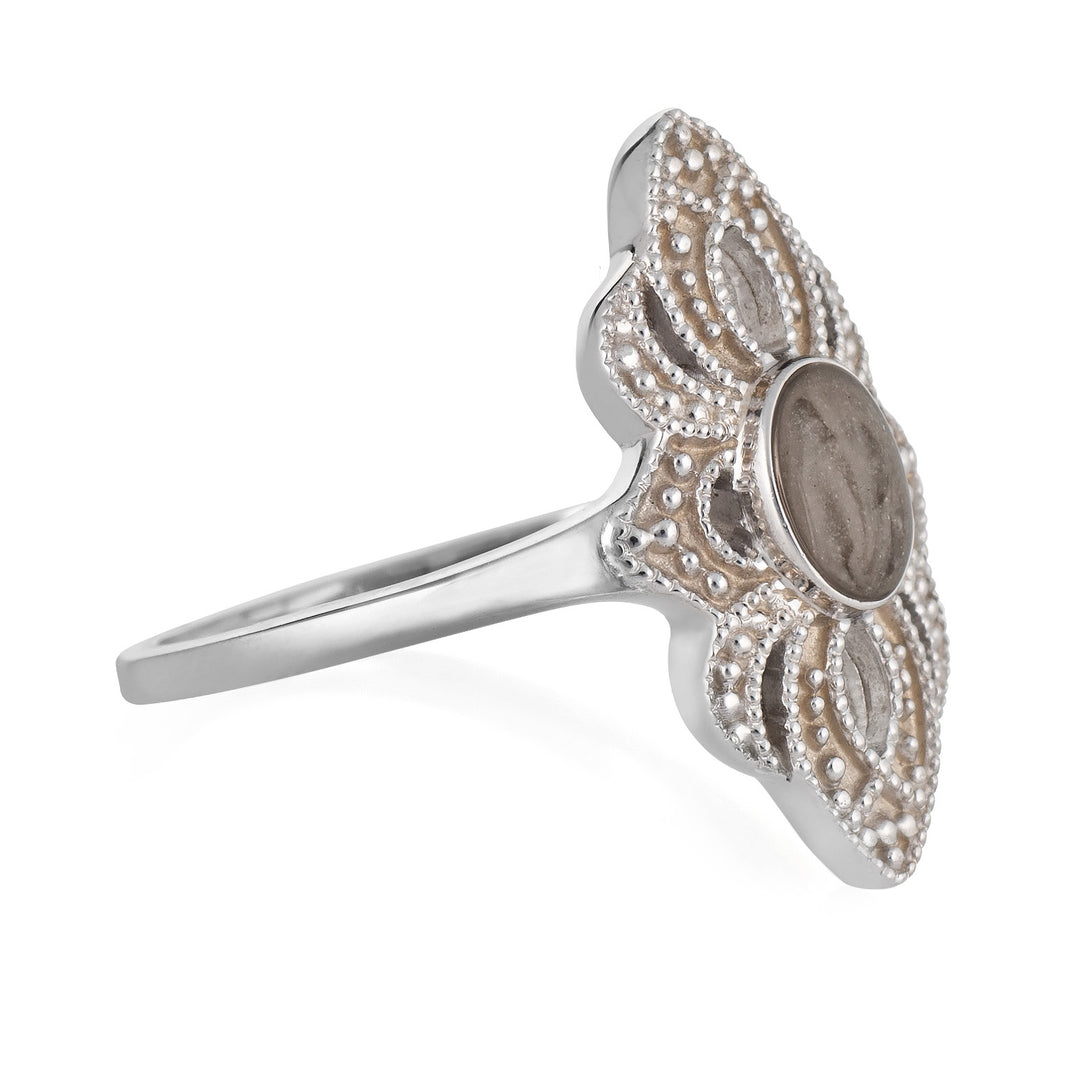 Side of Close By Me's WWII Small Setting Cremation Ring in 14K White Gold on a solid white background.