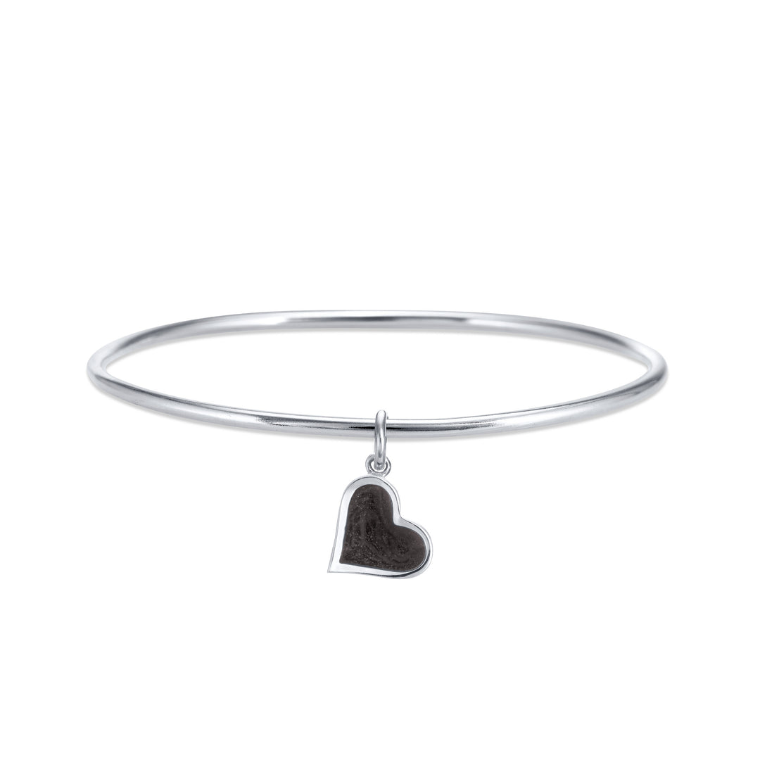 14k White Gold Single Bangle Cremation Bracelet with dainty heart pendant from the front.