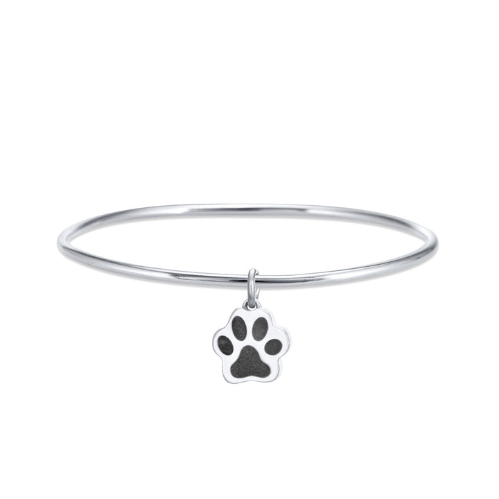 14k White Gold Single Bangle Cremation Bracelet with paw print pendant from the front.