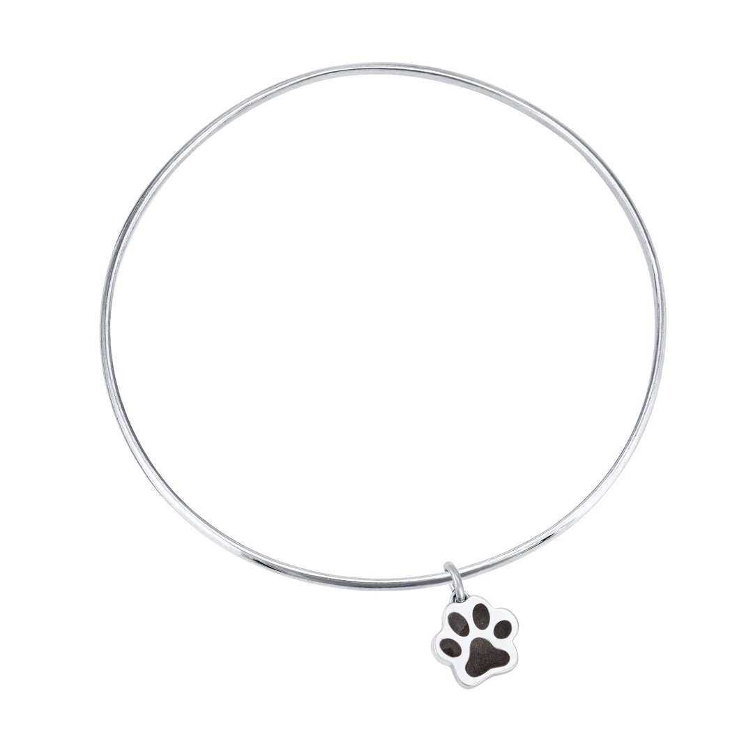 14k White Gold Single Bangle Cremation Bracelet with paw print pendant from the top