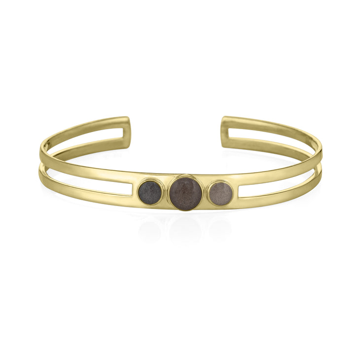 14k yellow gold three setting cremation cuff bracelet shown from the front