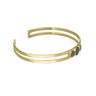 14k yellow gold three setting cremation cuff bracelet shown from the side