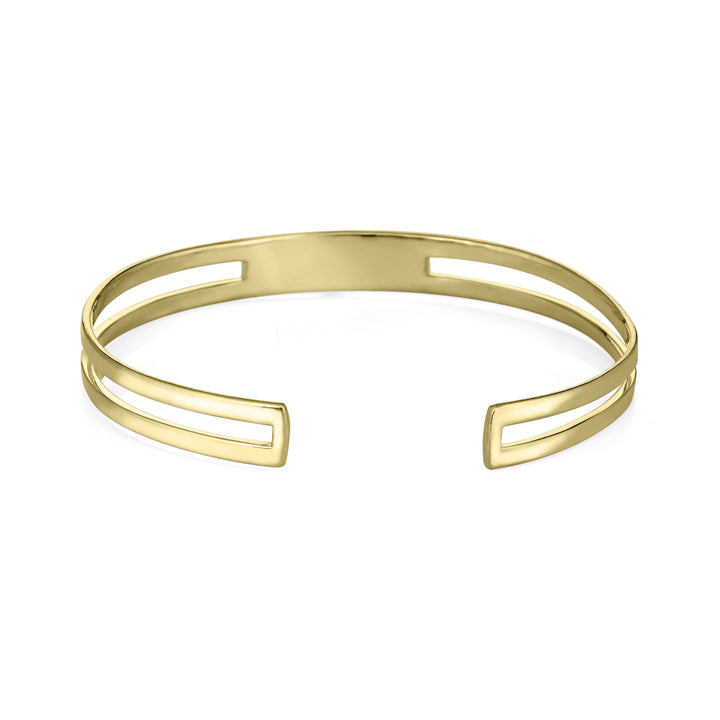 14k yellow gold three setting cremation cuff bracelet shown from the back