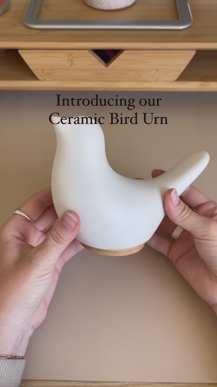 Introductory video for Close By Me's Ceramic Bird Urn. An employee turns the urn around in her hands, opens it, and goes through the materials provided with it.