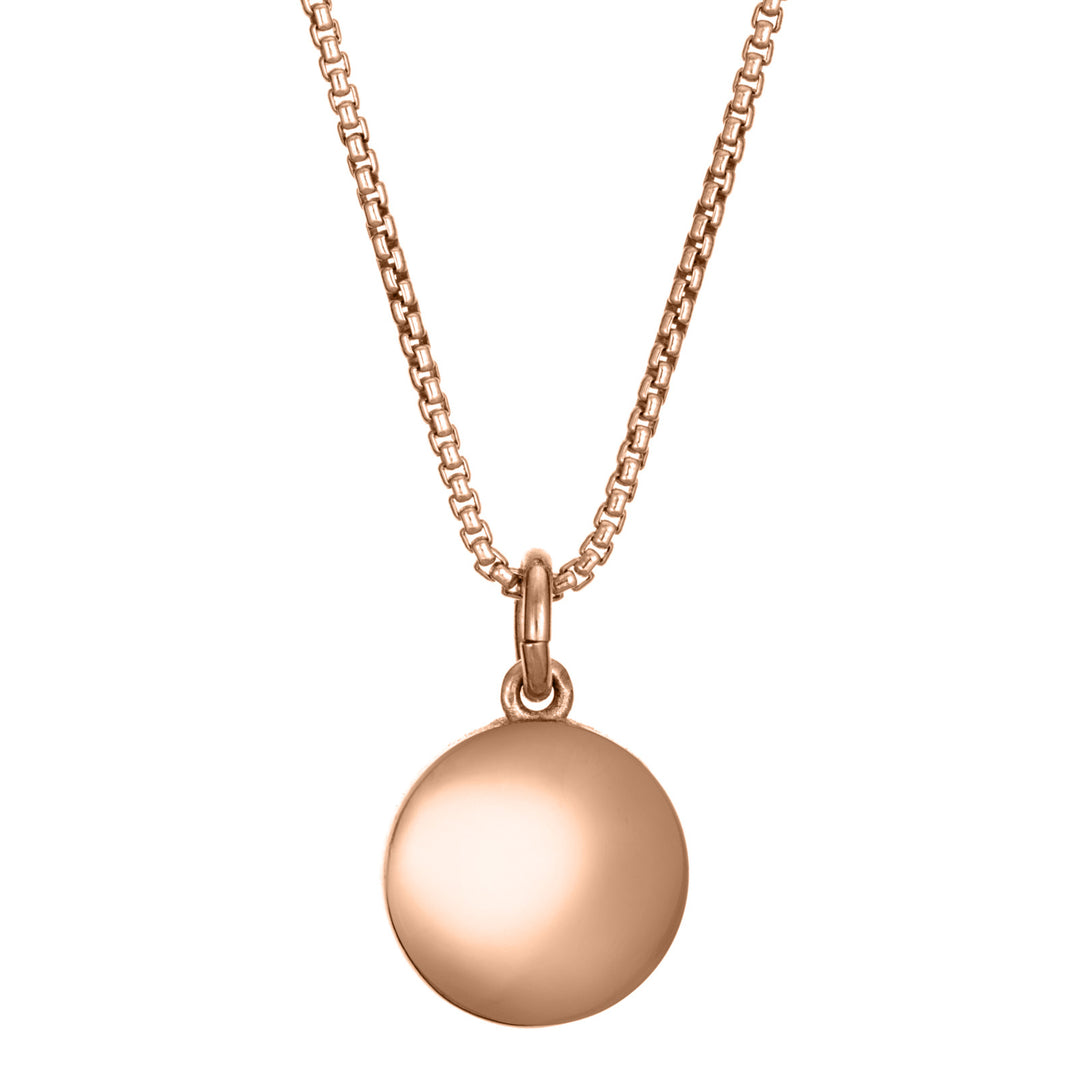 A back view of Close By Me Jewelry's 10mm Dome Cremation Necklace in 14K Rose Gold.