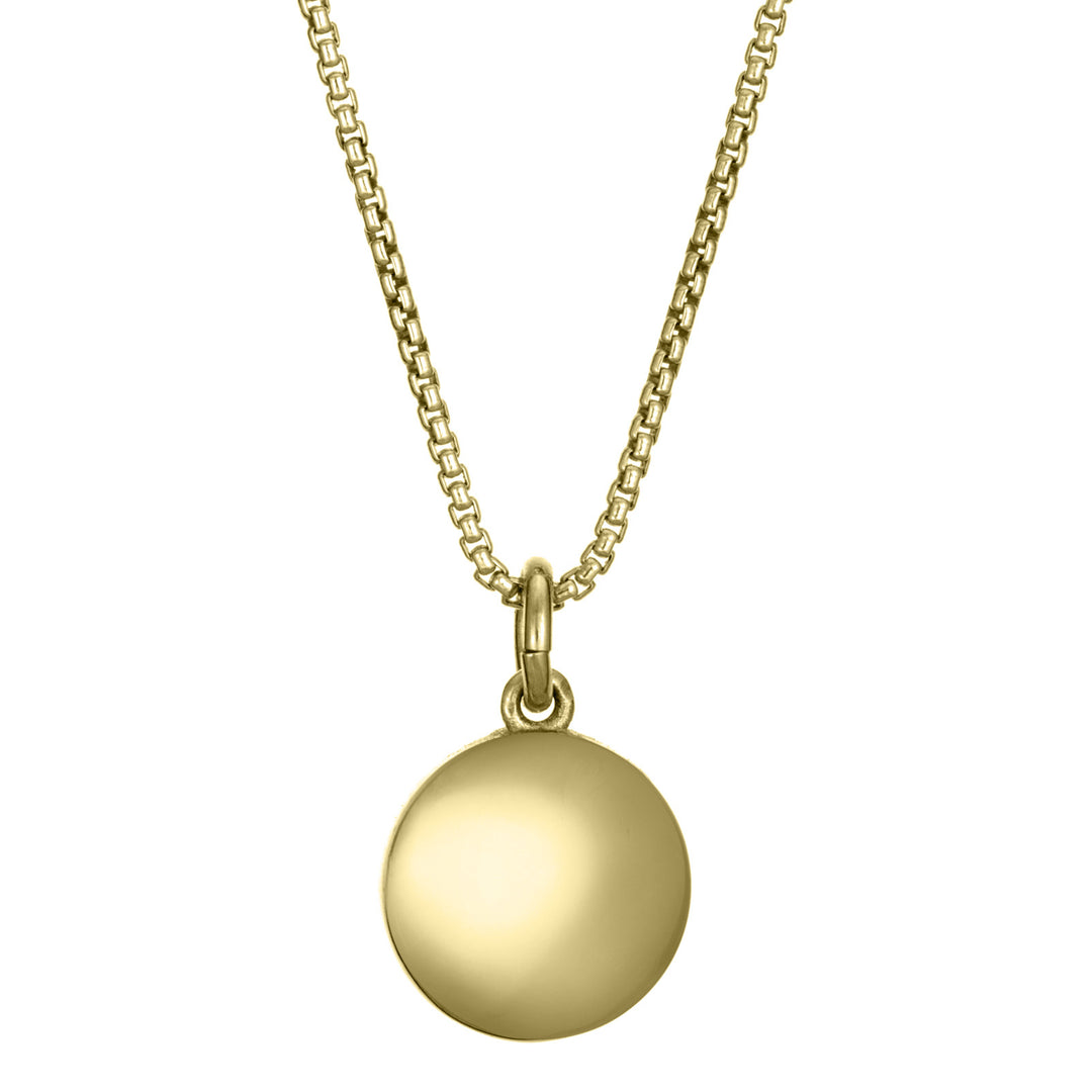Pictured here is the 10mm Dome Pendant with ashes, designed by close by me jewelry in 14K Yellow Gold, from the back