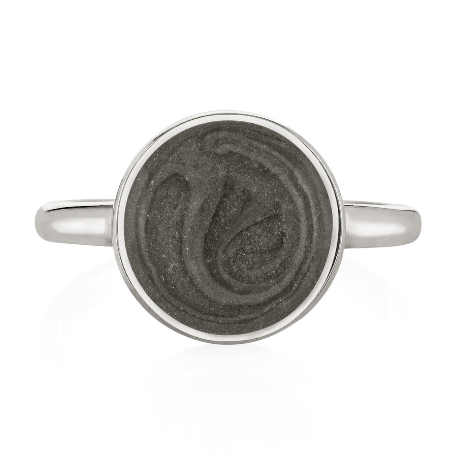 This photo shows the Sterling Silver 12mm Circle Cremains Stacking Ring designed by close by me jewelry from the front