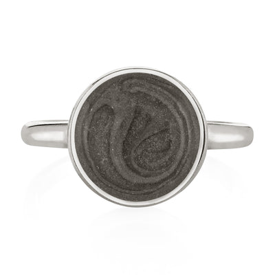 This photo shows the Sterling Silver 12mm Circle Cremains Stacking Ring designed by close by me jewelry from the front