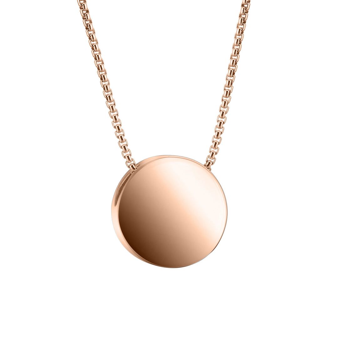 Pictured here is a back view of Close By Me's circular 12mm Sliding Solitaire Cremation Necklace in 14K Rose Gold.