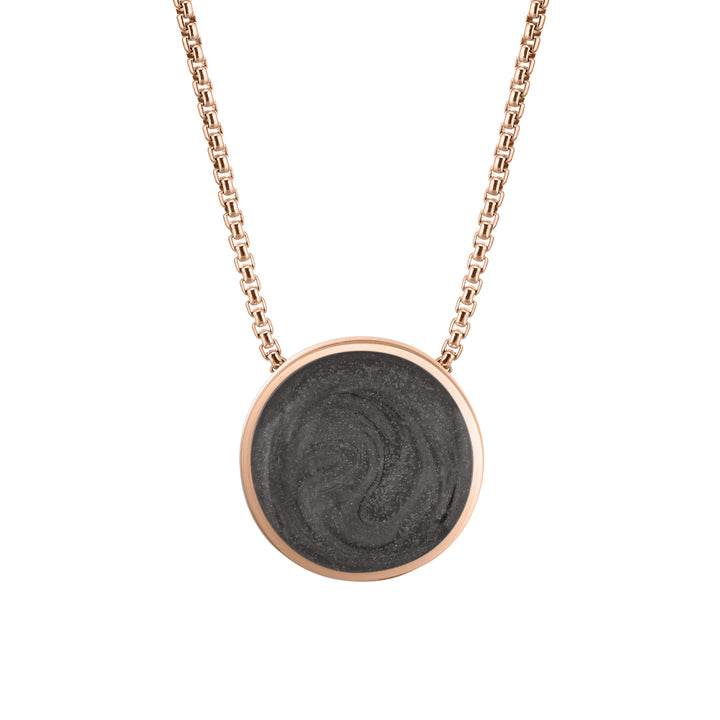 Pictured here is a front view of Close By Me's circular 12mm Sliding Solitaire Cremation Necklace in 14K Rose Gold.
