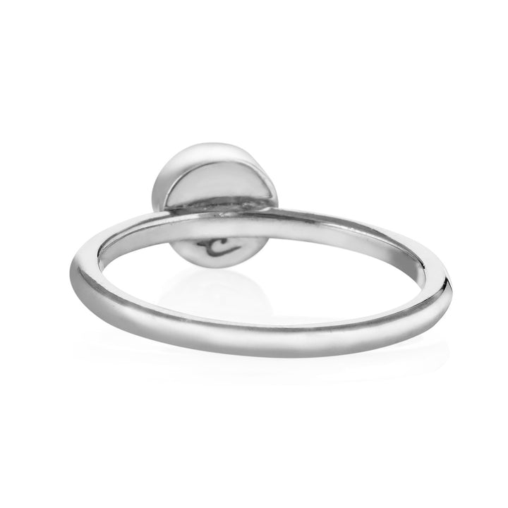 Pictured here is close by me jewelry's Sterling Silver Stacking Ring with a 5mm Ashes Setting from the back to show the inside of the band and back of the bezel