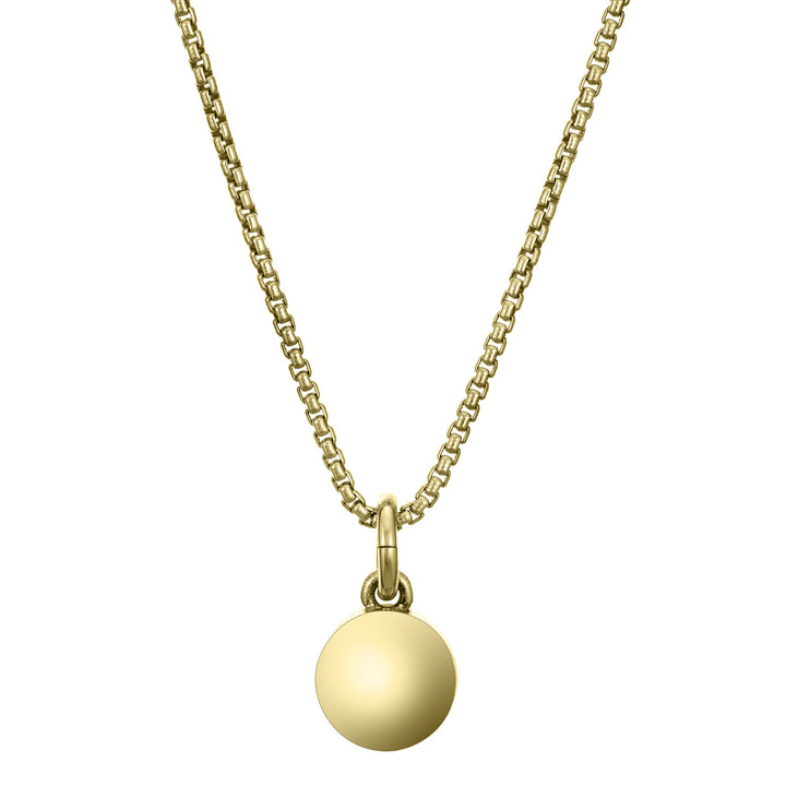 Pictured here is the 14K Yellow Gold 6mm Dome Necklace with ashes designed by close by me jewelry from the back