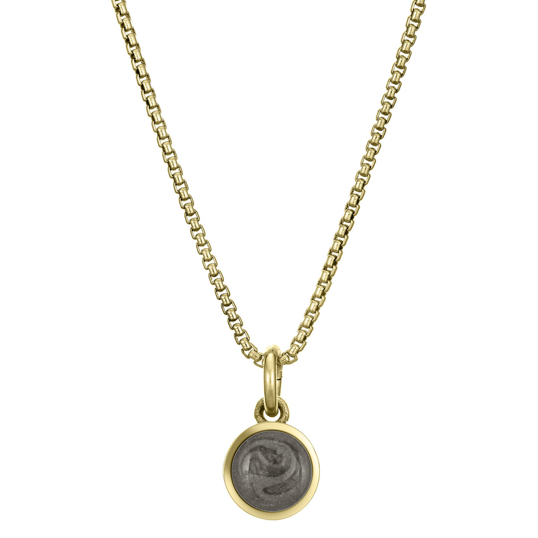 Pictured here is the 14K Yellow Gold 6mm Dome Necklace with ashes designed by close by me jewelry from the front