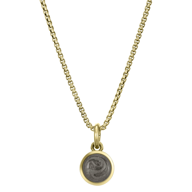 Pictured here is the 14K Yellow Gold 6mm Dome Necklace with ashes designed by close by me jewelry from the front