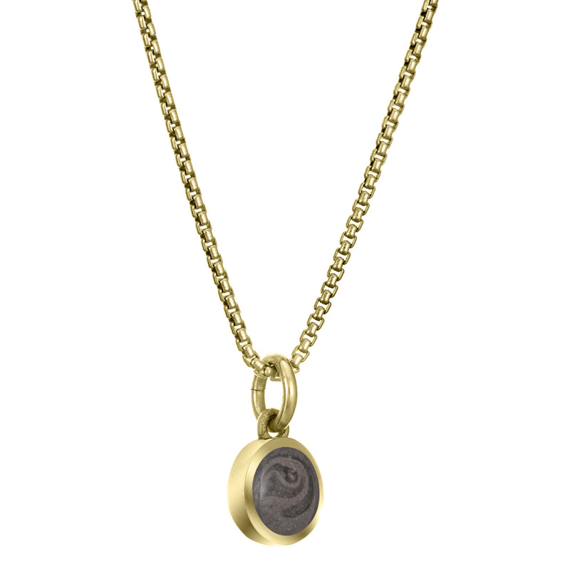 Pictured here is the 14K Yellow Gold 6mm Dome Necklace with ashes designed by close by me jewelry from the side