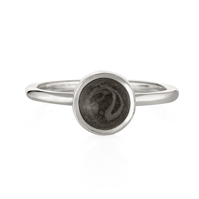 This photo shows the 8mm Circle Stacking Cremains Ring design by close by me jewelry in Sterling Silver from the front