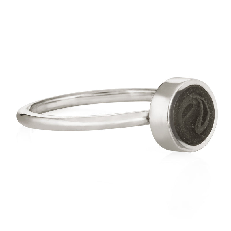 This photo shows the 8mm Circle Stacking Cremains Ring design by close by me jewelry in Sterling Silver from the side